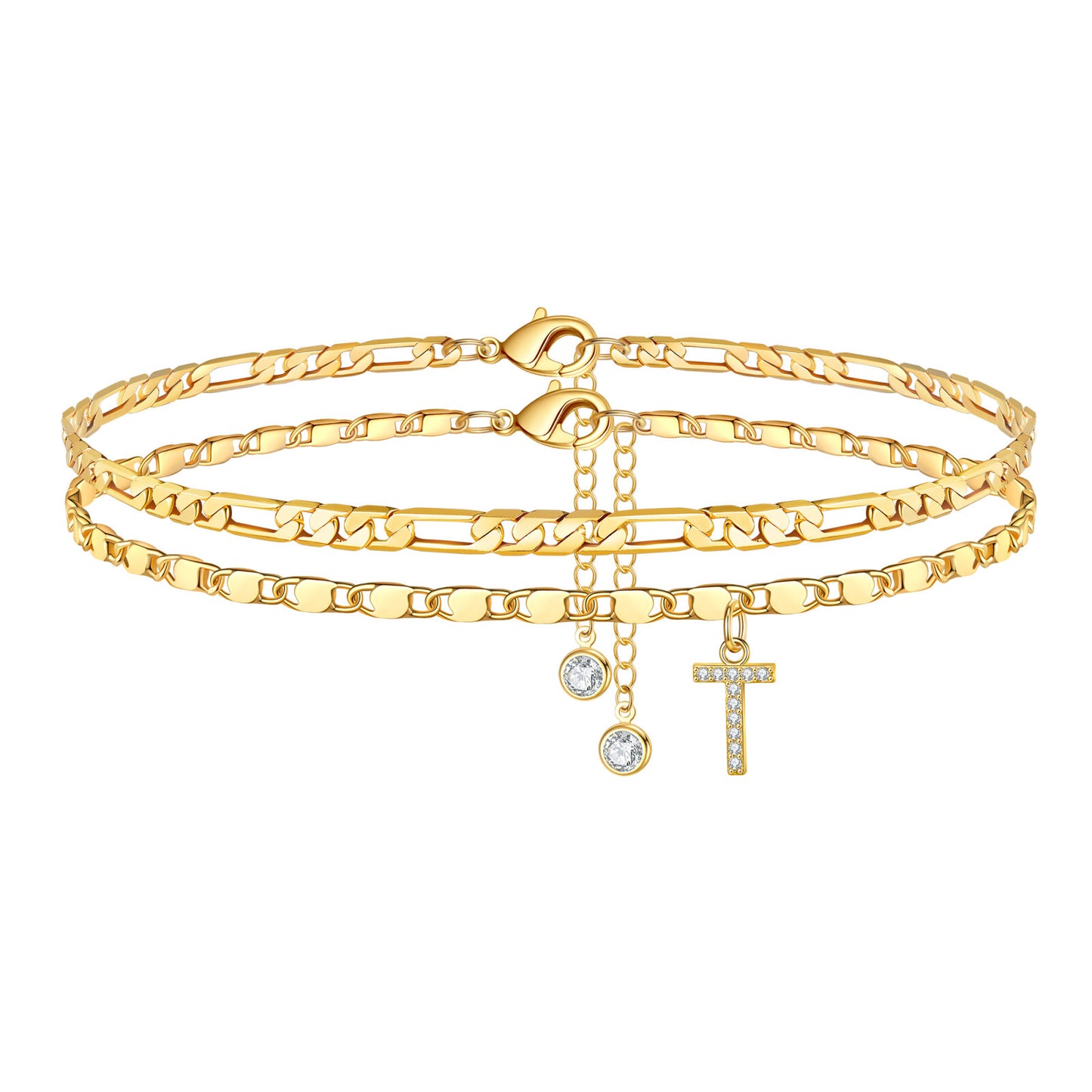 Turandoss Ankle Bracelets for Women, 14K Gold Plated Dainty Layered Chain CZ Initial Anklets Set Summer Jewelry Gifts