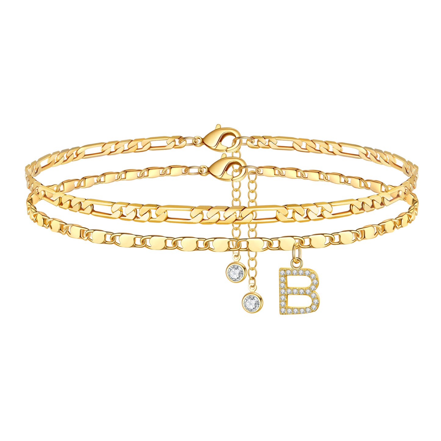 Turandoss Ankle Bracelets for Women, 14K Gold Plated Dainty Layered Chain CZ Initial Anklets Set Summer Jewelry Gifts