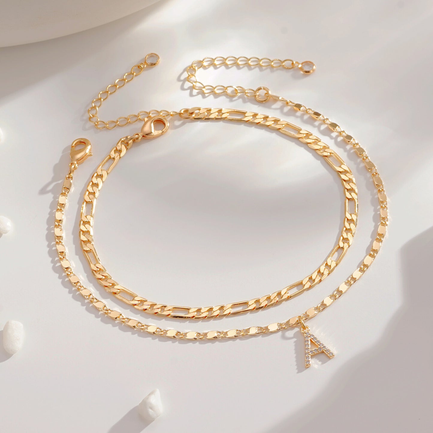 Turandoss Ankle Bracelets for Women, 14K Gold Plated Dainty Layered Chain CZ Initial Anklets Set Summer Jewelry Gifts