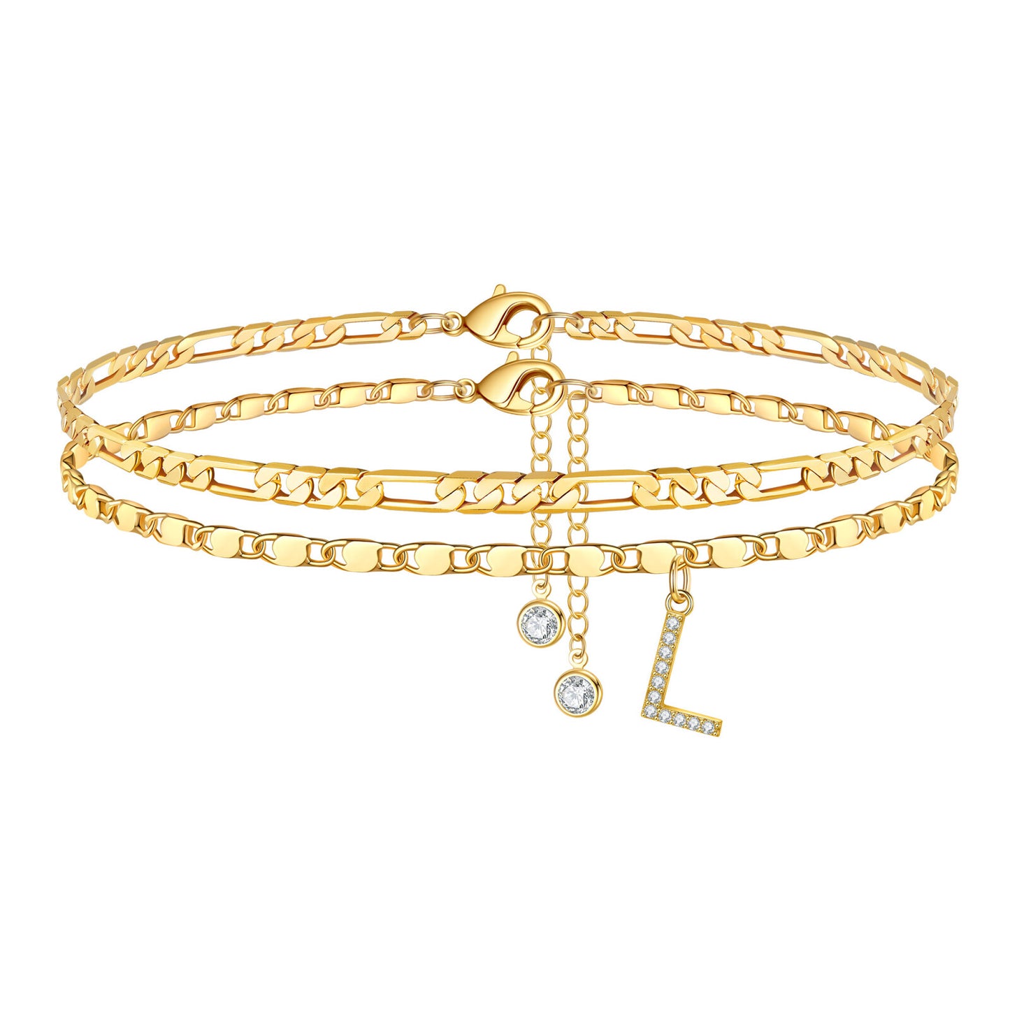Turandoss Ankle Bracelets for Women, 14K Gold Plated Dainty Layered Chain CZ Initial Anklets Set Summer Jewelry Gifts
