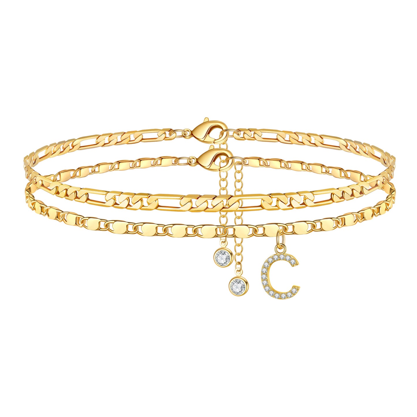 Turandoss Ankle Bracelets for Women, 14K Gold Plated Dainty Layered Chain CZ Initial Anklets Set Summer Jewelry Gifts
