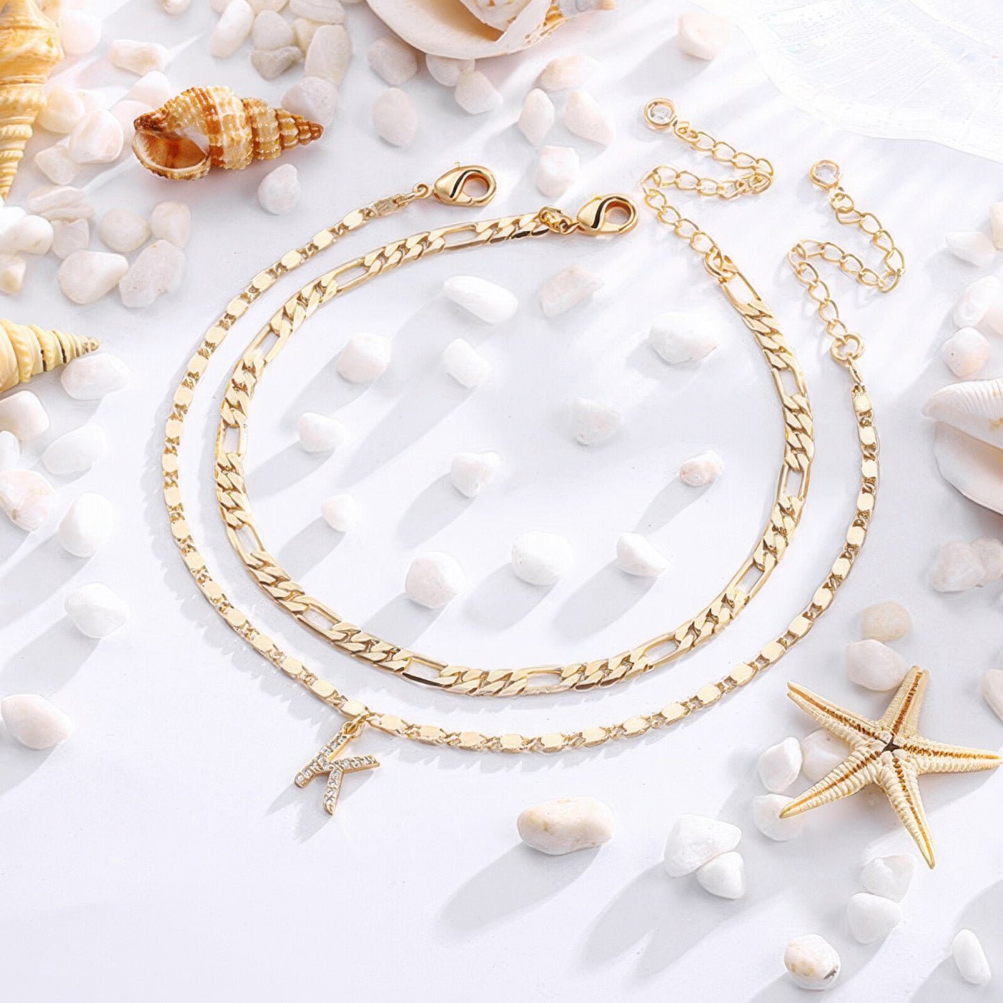 Turandoss Ankle Bracelets for Women, 14K Gold Plated Dainty Layered Chain CZ Initial Anklets Set Summer Jewelry Gifts