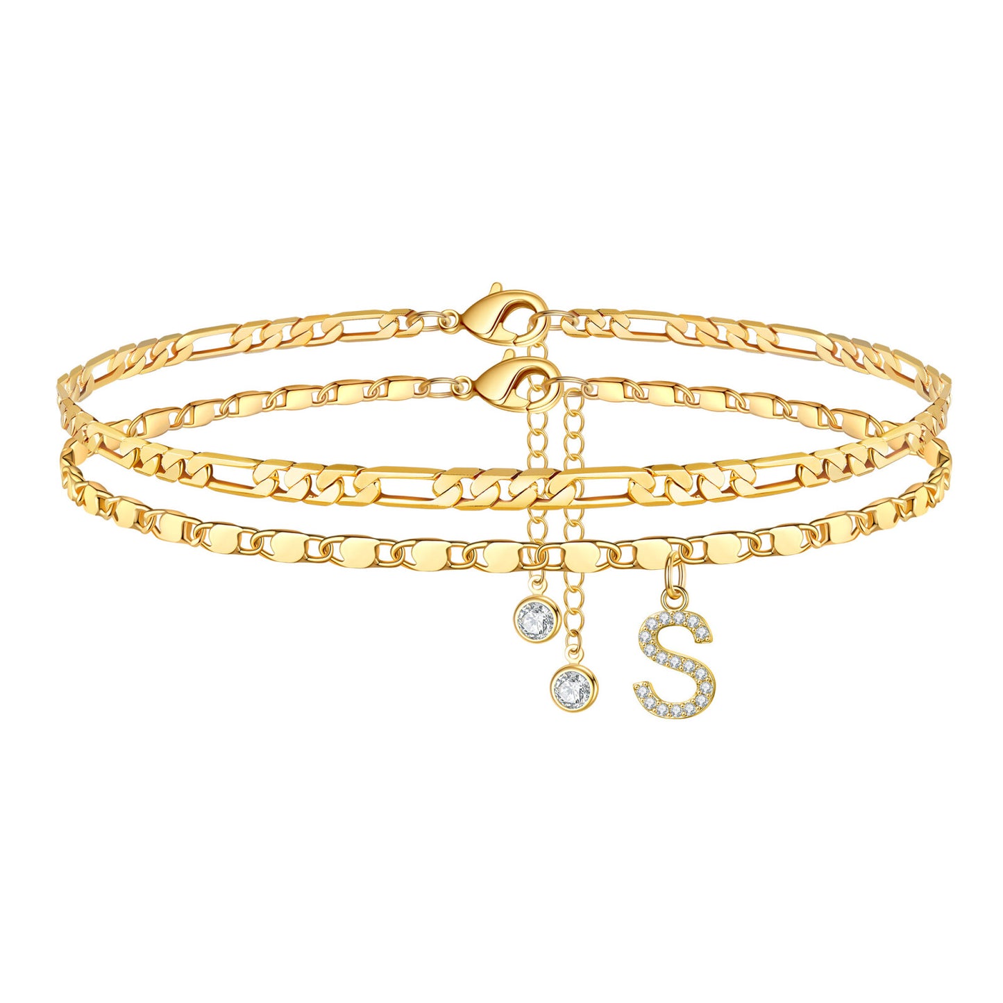 Turandoss Ankle Bracelets for Women, 14K Gold Plated Dainty Layered Chain CZ Initial Anklets Set Summer Jewelry Gifts