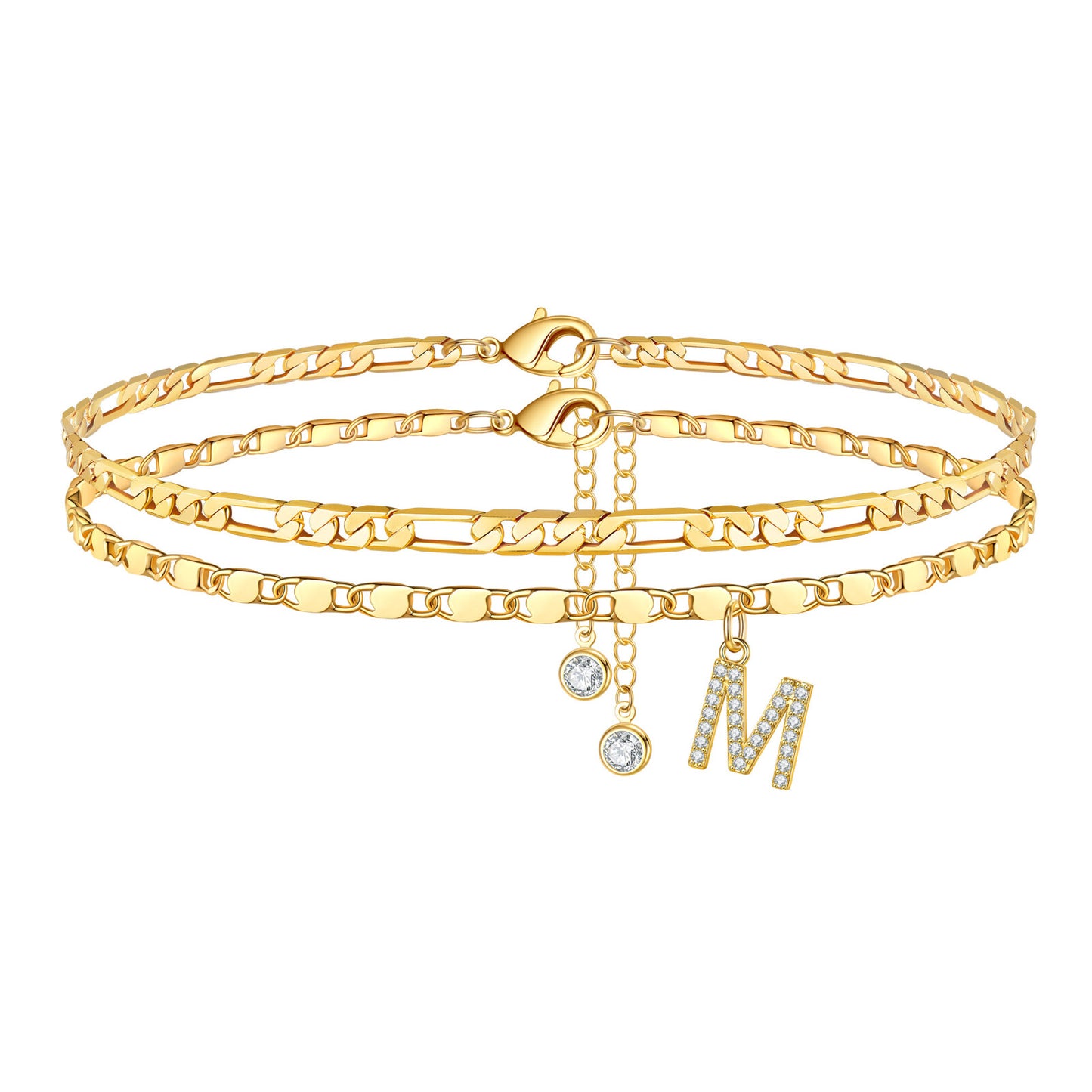 Turandoss Ankle Bracelets for Women, 14K Gold Plated Dainty Layered Chain CZ Initial Anklets Set Summer Jewelry Gifts